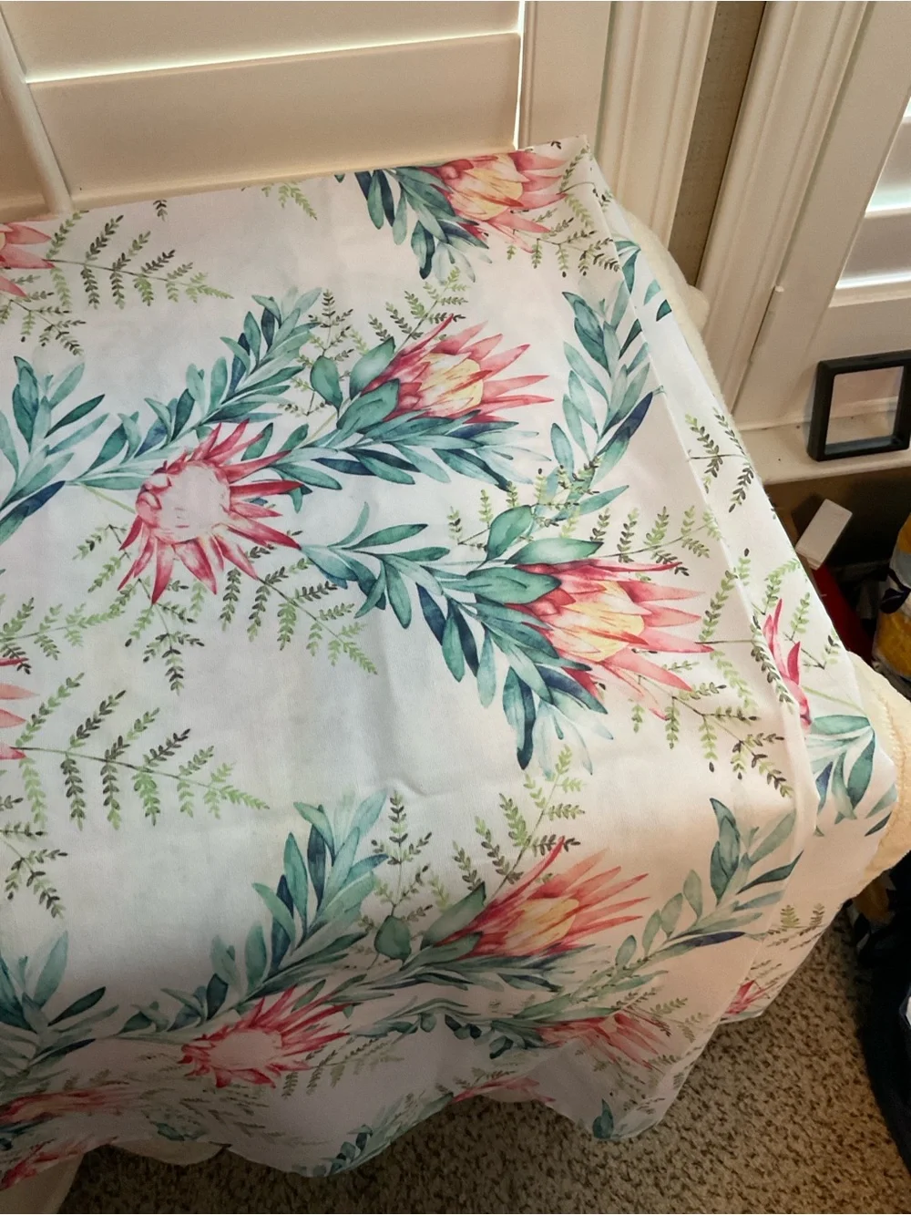 Floral Protea Print Tablecloth in Pink and Green